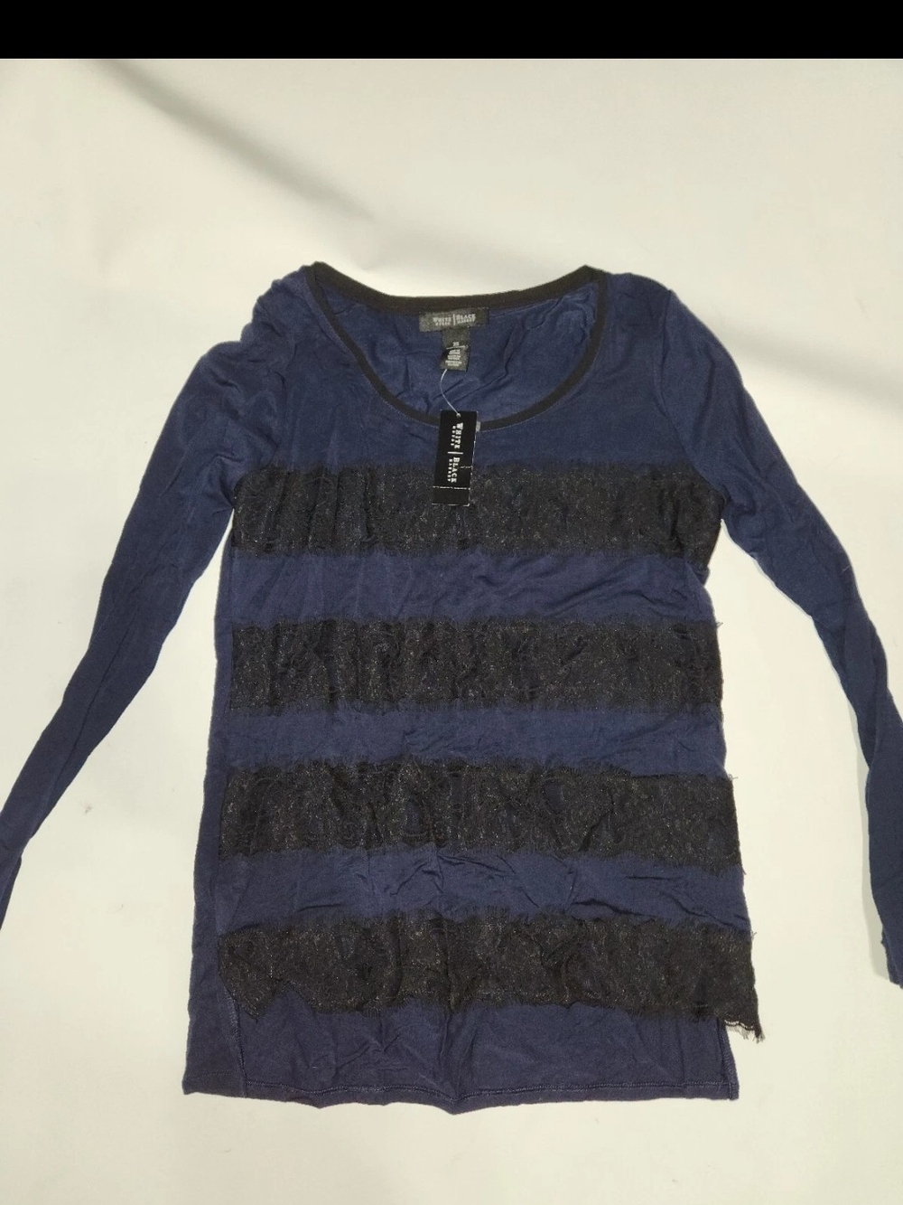 White House Black Market Navy Blue & Black Long Sleeve Lace-Striped Top